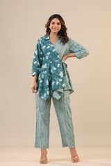 Meera Teal Blue Floral Printed Flared Co-Ord Set