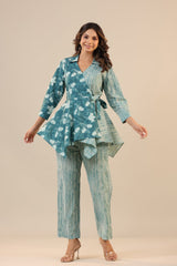 Meera Teal Blue Floral Printed Flared Co-Ord Set