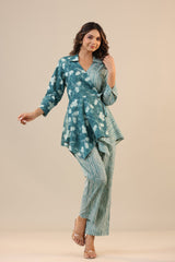 Meera Teal Blue Floral Printed Flared Co-Ord Set