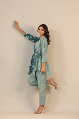 Meera Teal Blue Floral Printed Flared Co-Ord Set