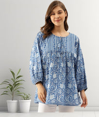 Flared Ocean Blue Printed Tunic Top