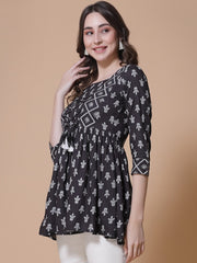 Zinia  Black Tie-Up Floral White Block Printed Tunic Top