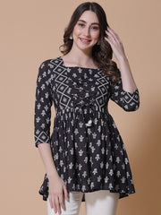 Zinia  Black Tie-Up Floral White Block Printed Tunic Top