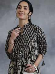 Black printed tie-up cotton kurti