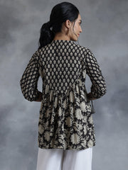 Black printed tie-up cotton kurti