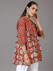 Rust printed Tie-up cotton kurti