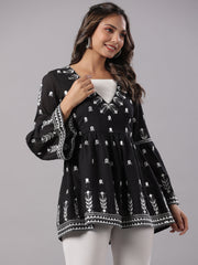 Aarkida Black Printed Short Ethnic Anarkali Top