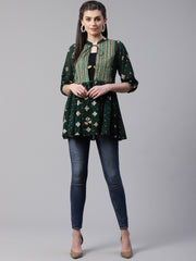 Green Pure Cotton Tie-up Printed Tunic Top