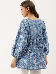 Flared Ocean Blue Printed Tunic Top