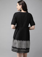 Formal Black Pure Cotton Geometric Border Dress