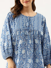 Flared Ocean Blue Printed Tunic Top