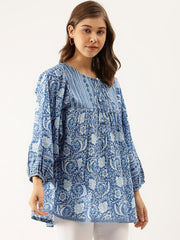 Flared Ocean Blue Printed Tunic Top