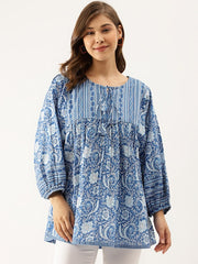 Flared Ocean Blue Printed Tunic Top