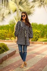 Garland Navy Blue Puffy Sleeve Short Tunic Top