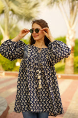 Garland Navy Blue Puffy Sleeve Short Tunic Top