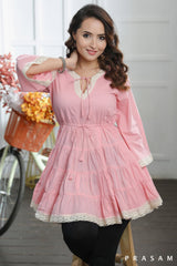 BOHO BLOOM TUNIC PRETTY PINK COTTON MUL TIERED TUNIC TOP WITH LACE TRIMS