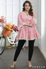 BOHO BLOOM TUNIC PRETTY PINK COTTON MUL TIERED TUNIC TOP WITH LACE TRIMS