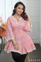 BOHO BLOOM TUNIC PRETTY PINK COTTON MUL TIERED TUNIC TOP WITH LACE TRIMS