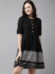 Formal Black Pure Cotton Geometric Border Dress