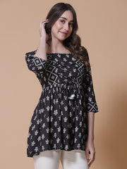 Zinia  Black Tie-Up Floral White Block Printed Tunic Top