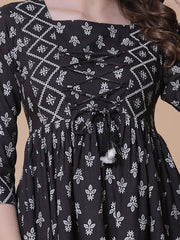 Zinia  Black Tie-Up Floral White Block Printed Tunic Top