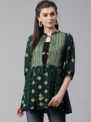 Green Pure Cotton Tie-up Printed Tunic Top