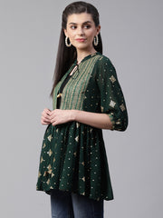 Green Pure Cotton Tie-up Printed Tunic Top