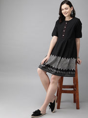 Formal Black Pure Cotton Geometric Border Dress