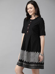 Formal Black Pure Cotton Geometric Border Dress